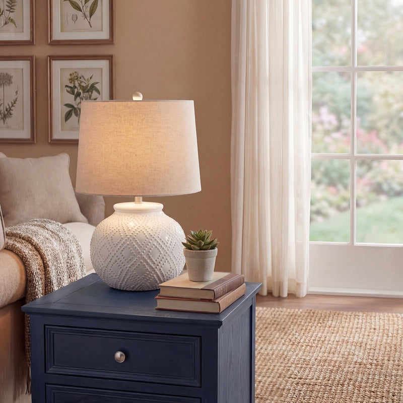 White Beaded Ceramic Table Lamp with Linen Shade – 56cm, product view