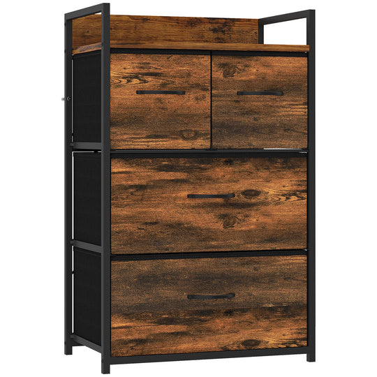 HOMCOM Rustic Chest of Four Fabric Drawers - Rustic Brown