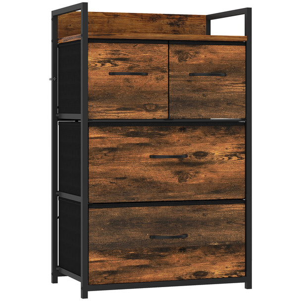 HOMCOM Rustic Chest of Four Fabric Drawers - Rustic Brown