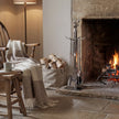 Stag head companion set beside a lit fireplace