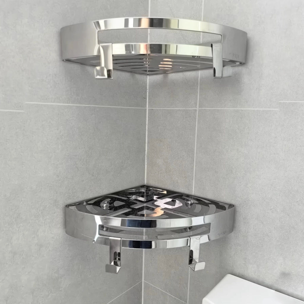 Stainless Steel Corner Shelf — Wall Mounted Bathroom Organiser, No Drill