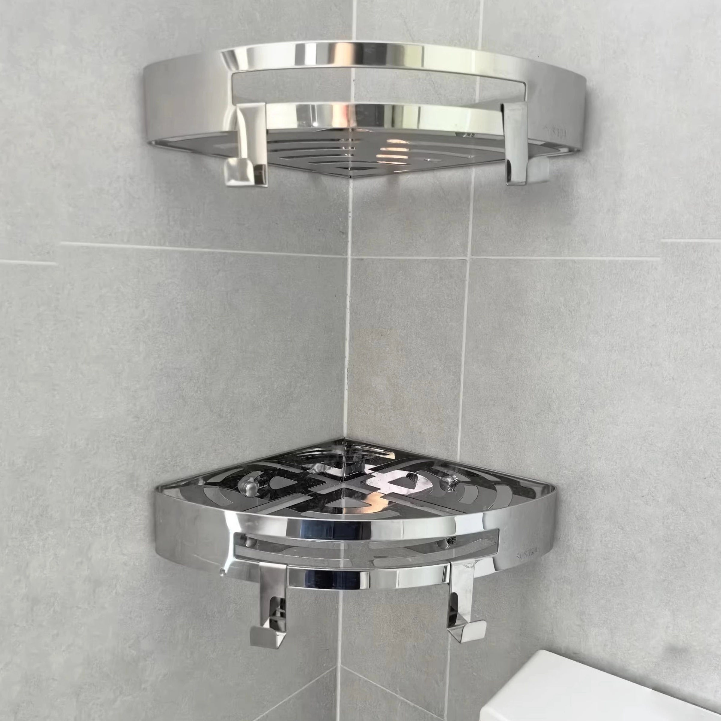 Stainless Steel Corner Shelf — Wall Mounted Bathroom Organiser, No Drill