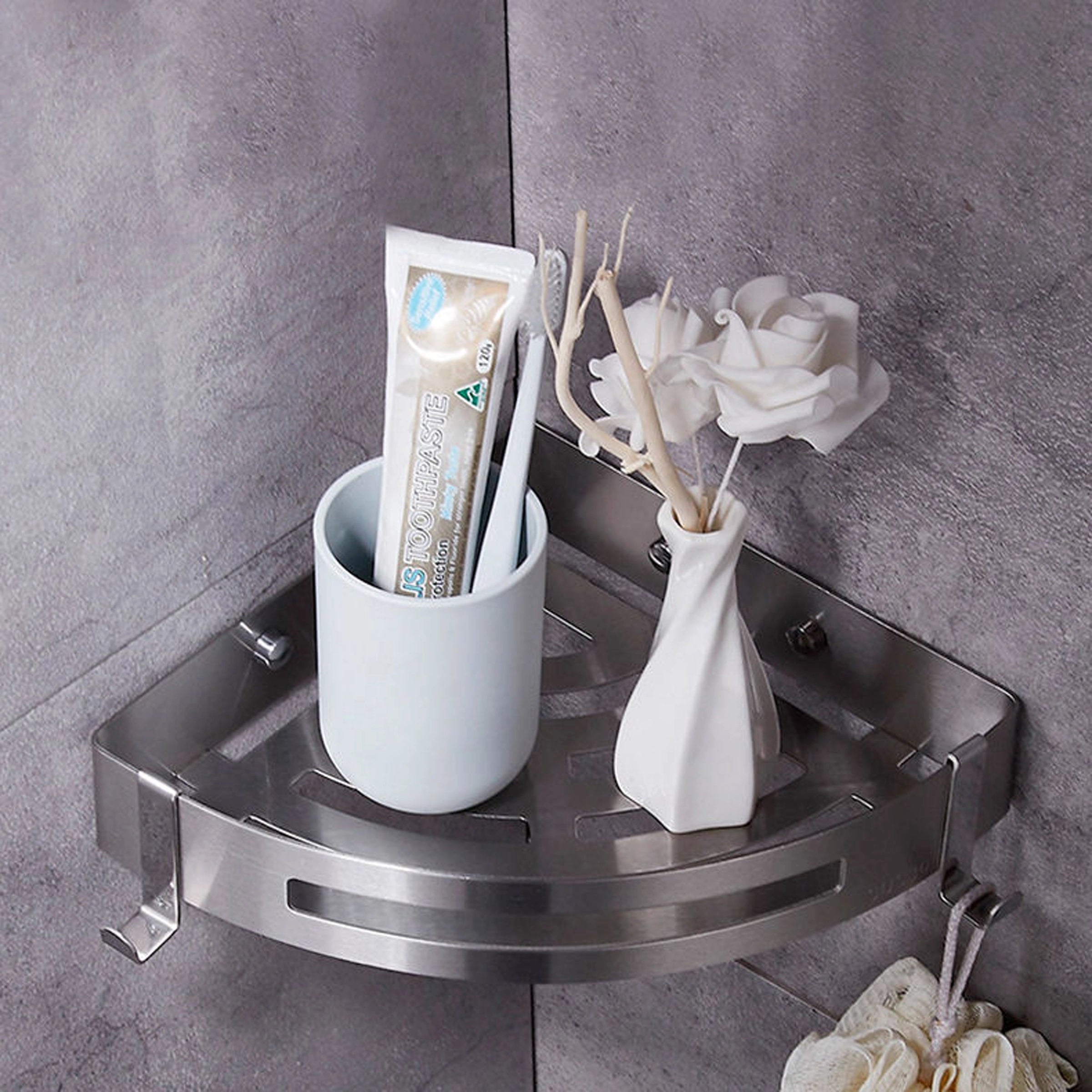 Stainless Steel Corner Shelf — Wall Mounted Bathroom Organiser, No Drill