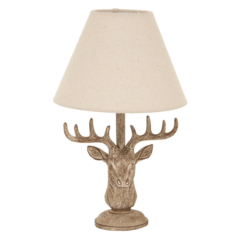 Stonewashed Stag Head Table Lamp with Linen Shade – 45cm, product view
