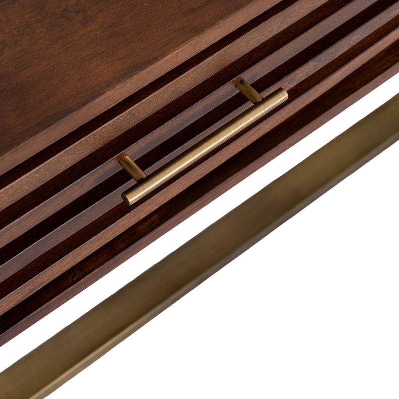 Close-up of the brass-tone bar handle and ribbed edge