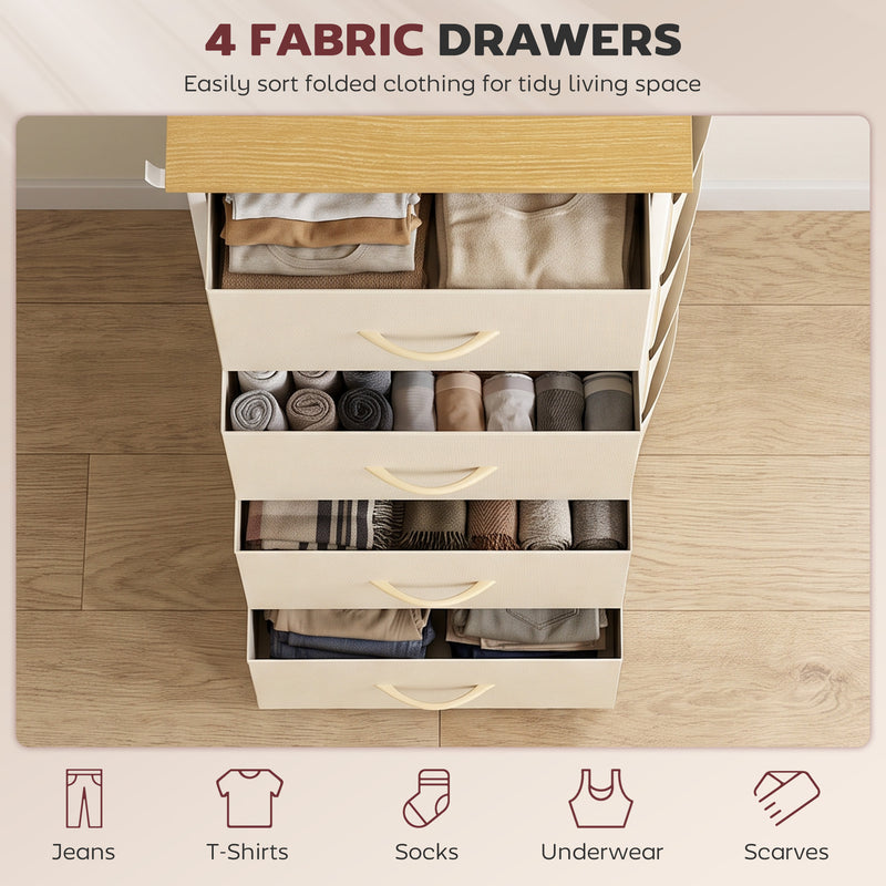 HOMCOM Chest of Drawers with 4 Fabric Drawers, Tall Storage Unit with 2 Hooks and Steel Frame for Bedroom, Beige – view 4