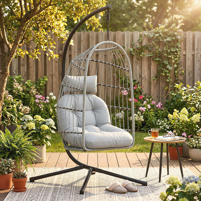Outsunny Hanging Egg Chair, Indoor Outdoor Hammock Swing Chair with Stand, Safety Strap, Foldable Basket, Light Grey – view 2