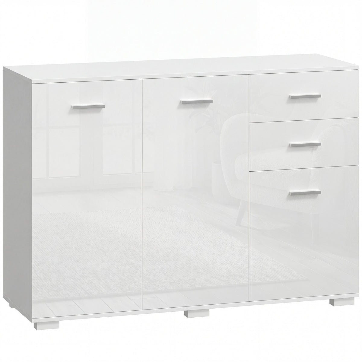 HOMCOM Sideboard, Modern Storage Cabinet with 2 Drawers, 3 Doors and Adjustable Shelves, High Gloss White