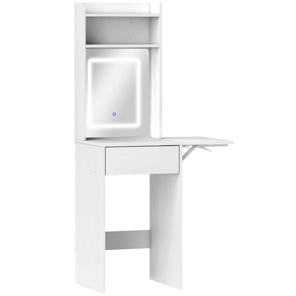 Small white dressing table with LED-lit mirror, fold-out drop leaf, shelves and drawer