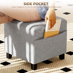 Square Footstool, Small Ottoman with Side Pocket, Linen Fabric Footrest Foot Stool with Rubber Wood Legs and Padded Seat for Living Room, Bedroom, Entryway, 35 x 35 x 35cm, Light Grey
