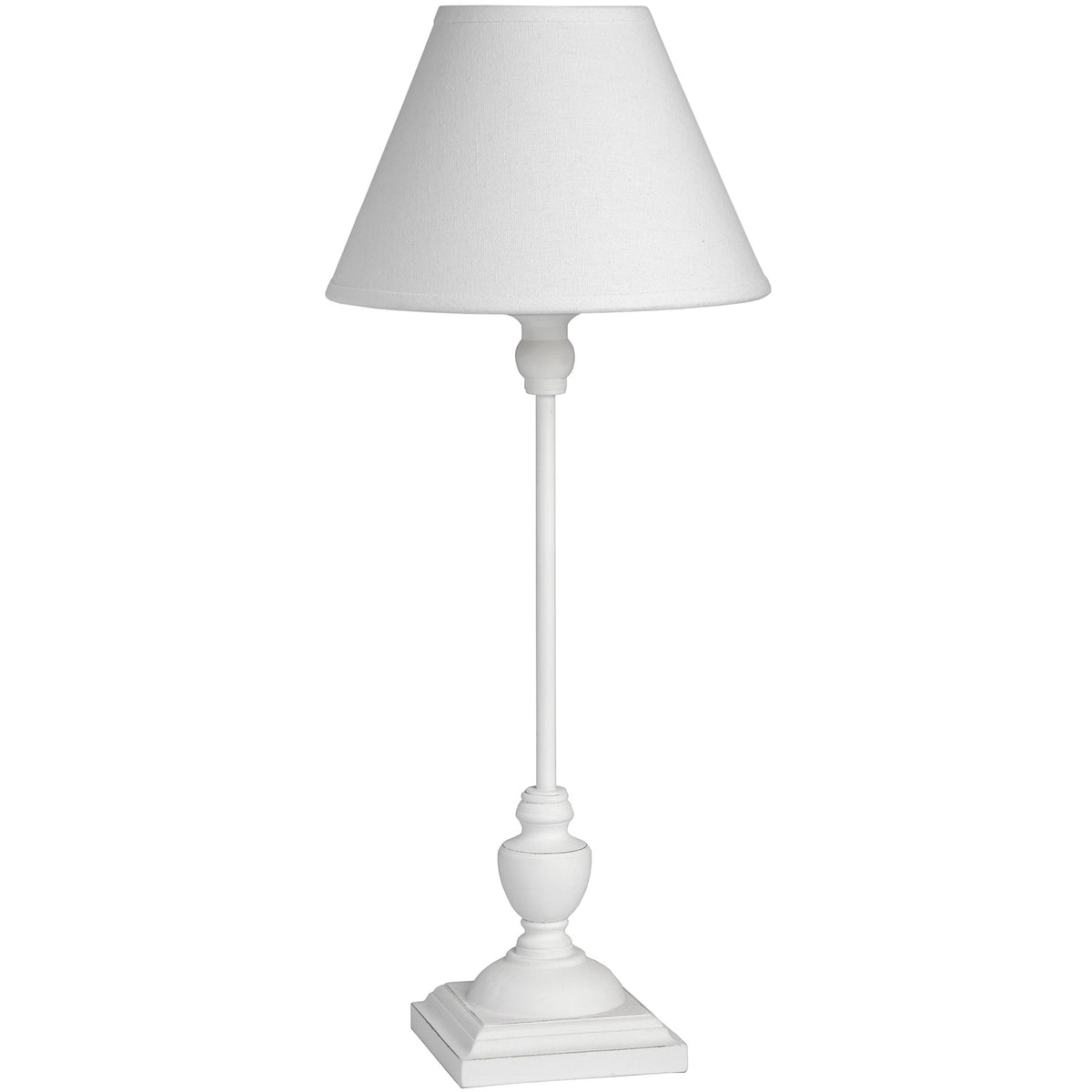Symi Slim White Wooden Table Lamp with Linen Shade – 45cm, front view of the white table lamp with linen shade