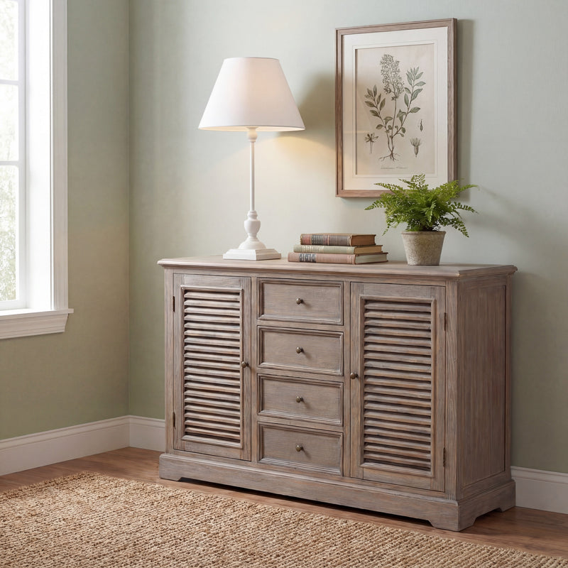Symi Slim White Wooden Table Lamp with Linen Shade – 45cm, white table lamp on a wooden sideboard