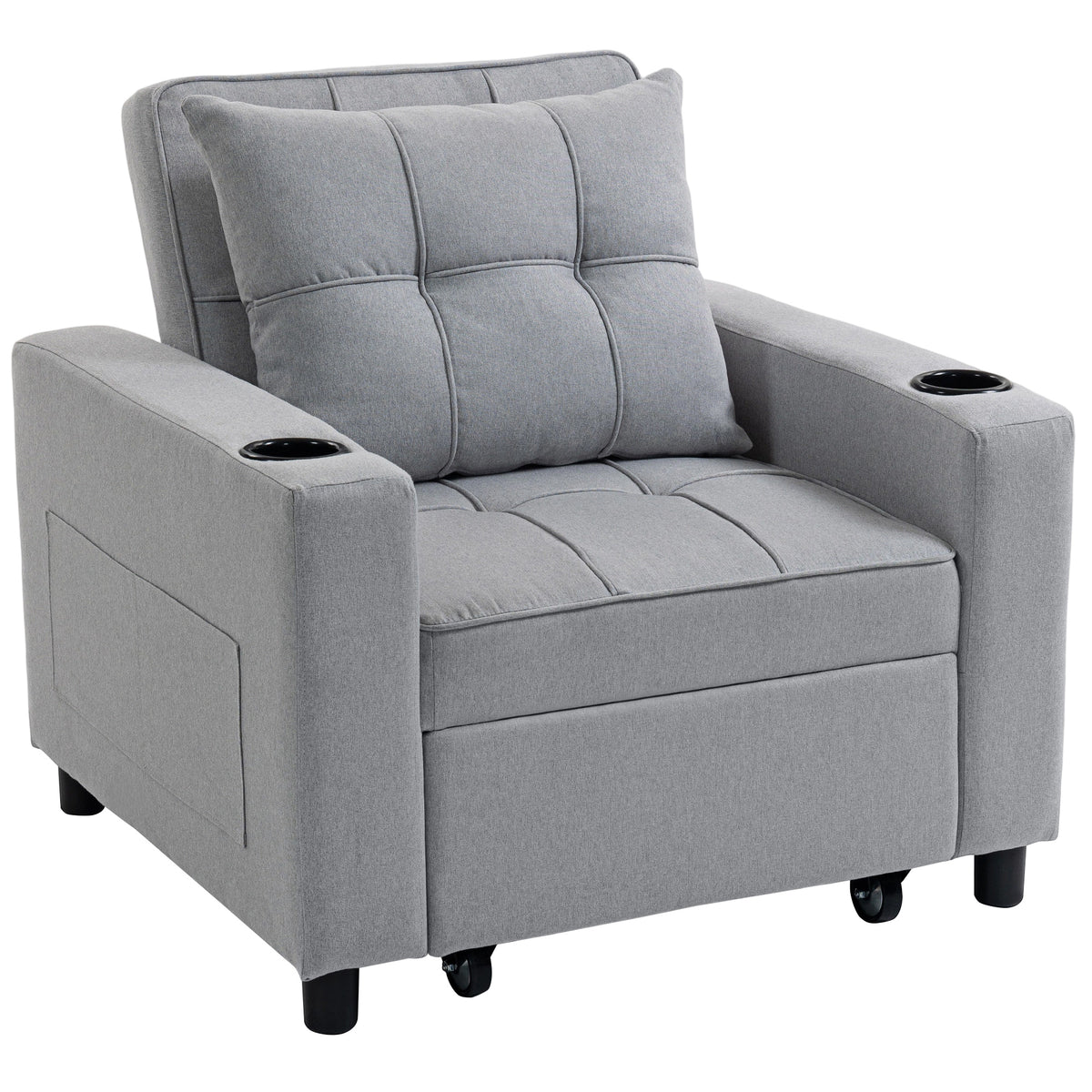 3-in-1 Single Sofa Bed with Cup Holders & Side Pockets – Light Grey