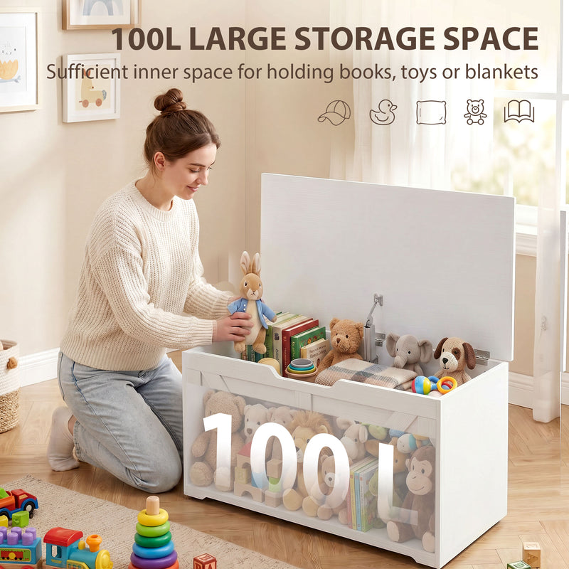 HOMCOM 100L Home Storage Box, with Safety Hinge - White Wood-Effect – view 4