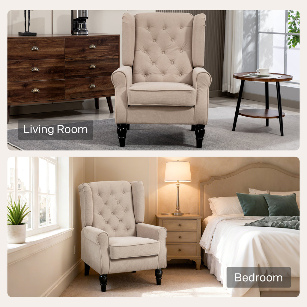 Wingback Accent Chair, Retro Upholstered Button Tufted Occasional Chair for Living Room and Bedroom, Beige