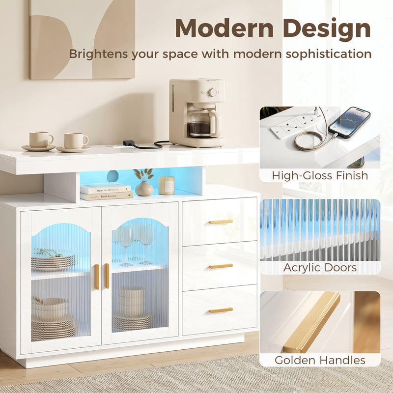 HOMCOM High Gloss Sideboard with LED Lights, Built-in Power Outlets, 3 Drawers, Shelves and 2 Acrylic Doors, White – view 5