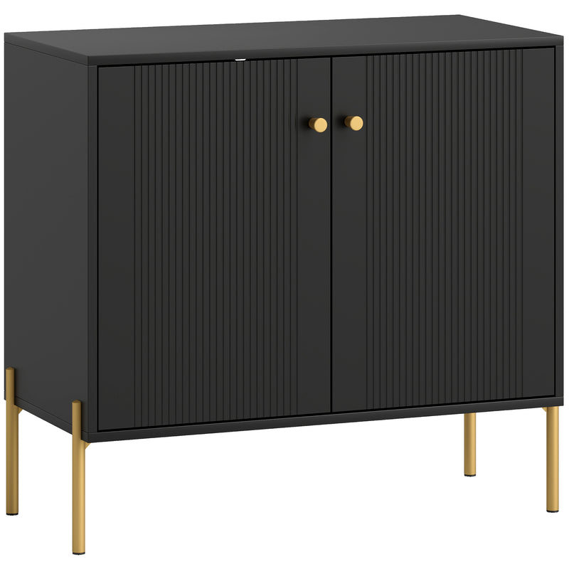Black fluted sideboard cabinet with gold-tone accents and steel legs