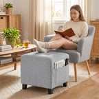 Square Footstool, Small Ottoman with Side Pocket, Linen Fabric Footrest Foot Stool with Rubber Wood Legs and Padded Seat for Living Room, Bedroom, Entryway, 35 x 35 x 35cm, Light Grey