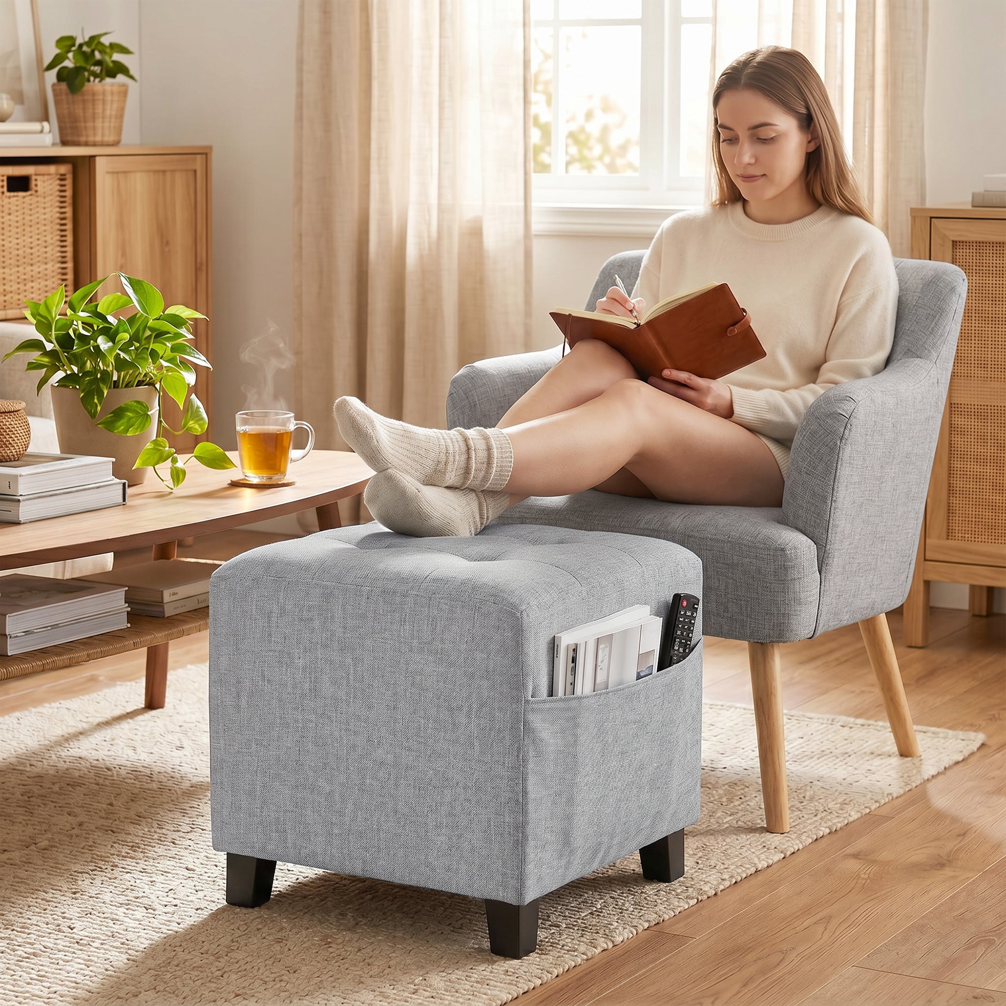 Square Footstool, Small Ottoman with Side Pocket, Linen Fabric Footrest Foot Stool with Rubber Wood Legs and Padded Seat for Living Room, Bedroom, Entryway, 35 x 35 x 35cm, Light Grey
