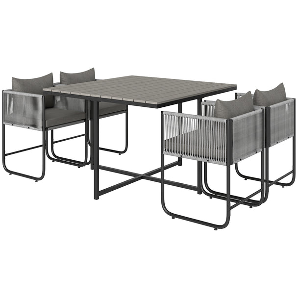 Grey rattan cube dining set with four cushioned chairs and square wood-effect table