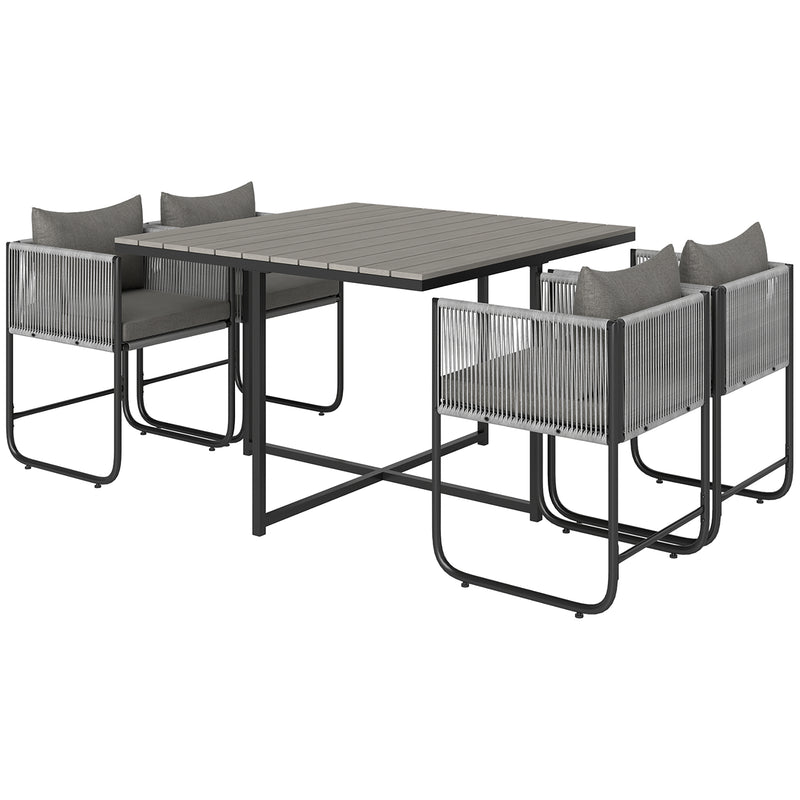 Grey rattan cube dining set with four cushioned chairs and square wood-effect table