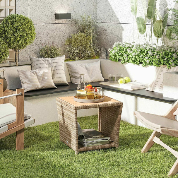 Outsunny Side Table 2-Tier Outdoor Coffee Table with Storage Shelf PS Wood Slat Top/Khaki – view 2