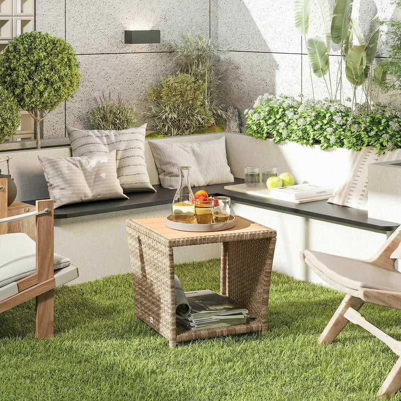 Outsunny Side Table 2-Tier Outdoor Coffee Table with Storage Shelf PS Wood Slat Top/Khaki – view 2