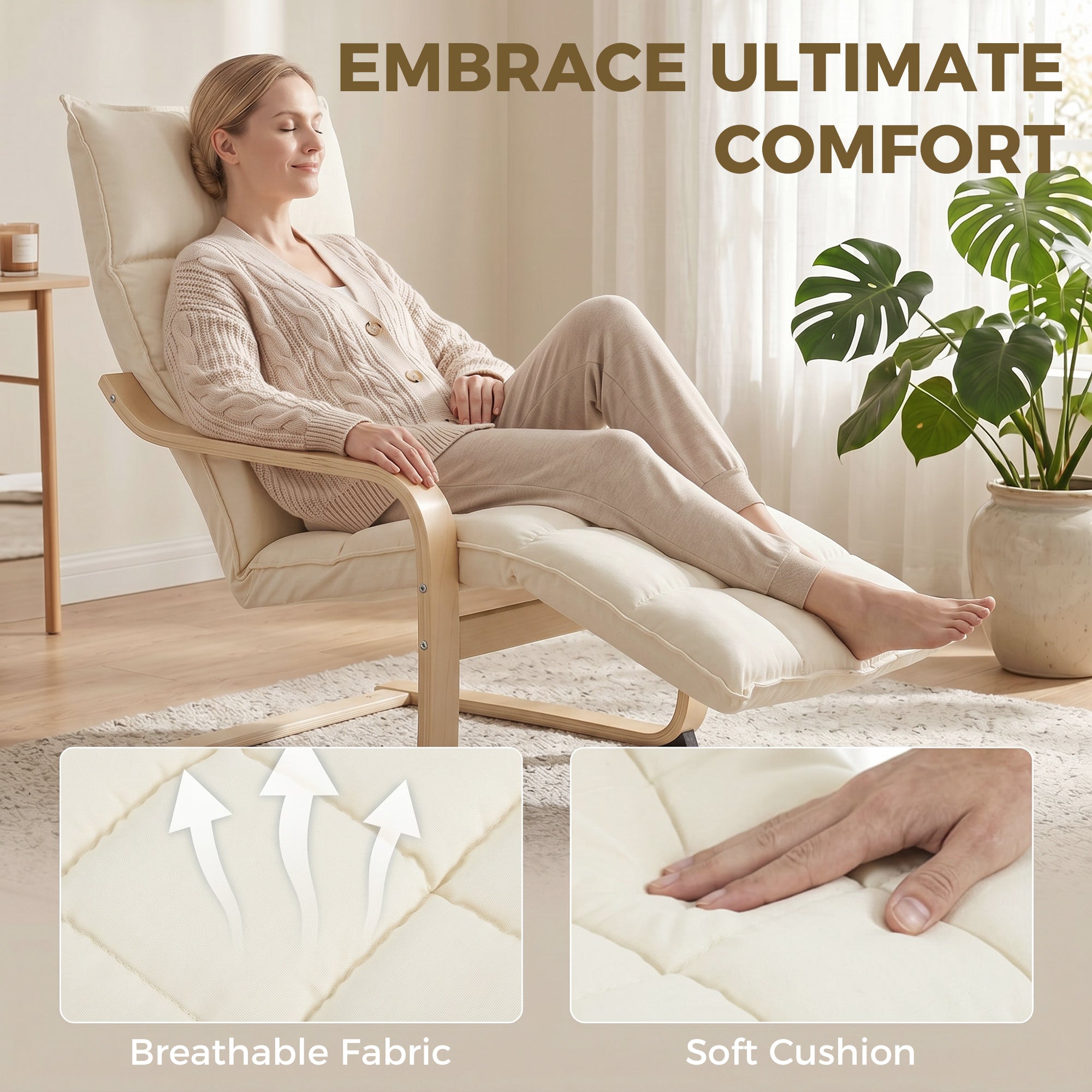 Modern Accent Chair, Leisure Lounge Chair Armchair with Footrest, Plush Cushion, Curved Legs and Arms, Cream White