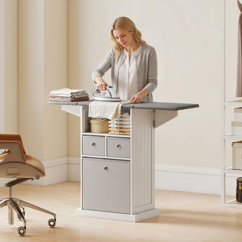 HOMCOM Ironing Board Cabinet on Wheels with Ironable and Foldable Top, Mobile Storage Cabinet with Ironing Board, White – view 8