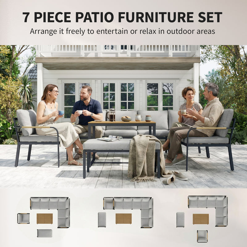 Outsunny 7 Seater Garden Furniture Set, Metal Garden Sofa Set with Cushions, Outdoor Furniture Conversation Sets, Light – view 4