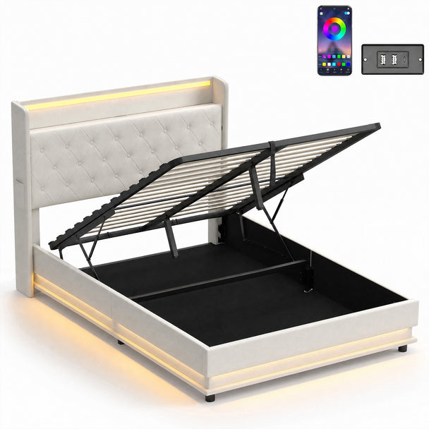 Cream 4ft6 double ottoman storage bed with cushioned headboard, LED lights and lifted storage base