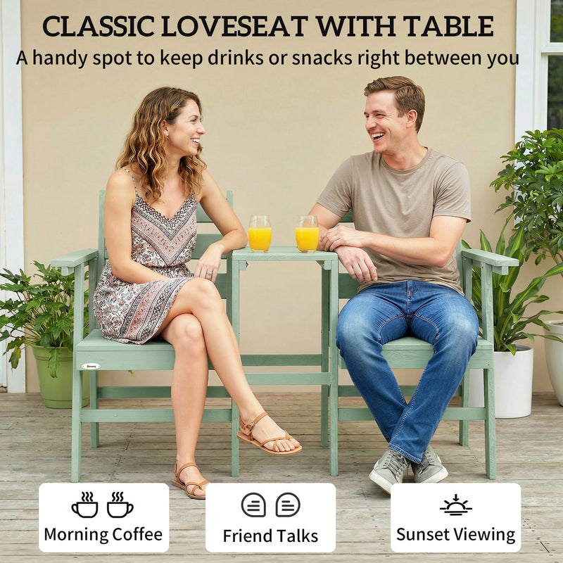 Outsunny Outdoor Garden Loveseat, Embossed Wooden Jack and Jill Garden Seat with Integrated Table, Green – view 5