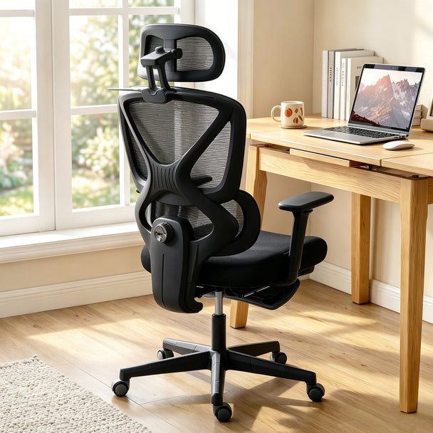 HOMCOM Mesh Desk Chair with 3D Armrests, Ergonomic Office Chair with Rotatable Headrest, Black – view 2