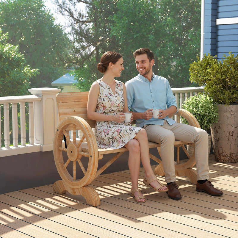 Outsunny Fir Wood 2-Seater Outdoor Garden Wagon Wheel Bench, Natural Wood Finish – view 8
