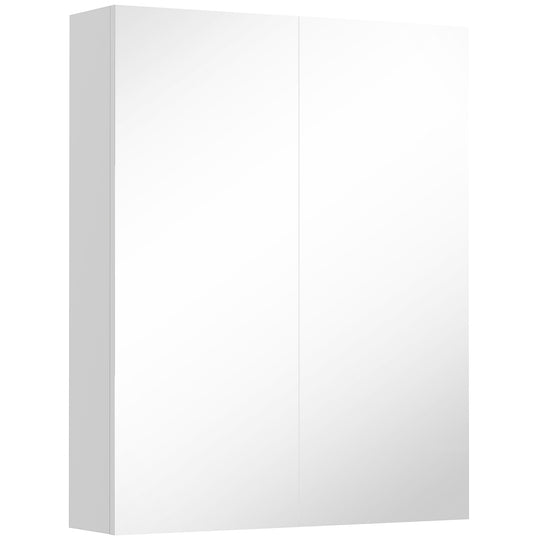 White wall-mounted bathroom cabinet with two mirrored doors and adjustable internal shelf