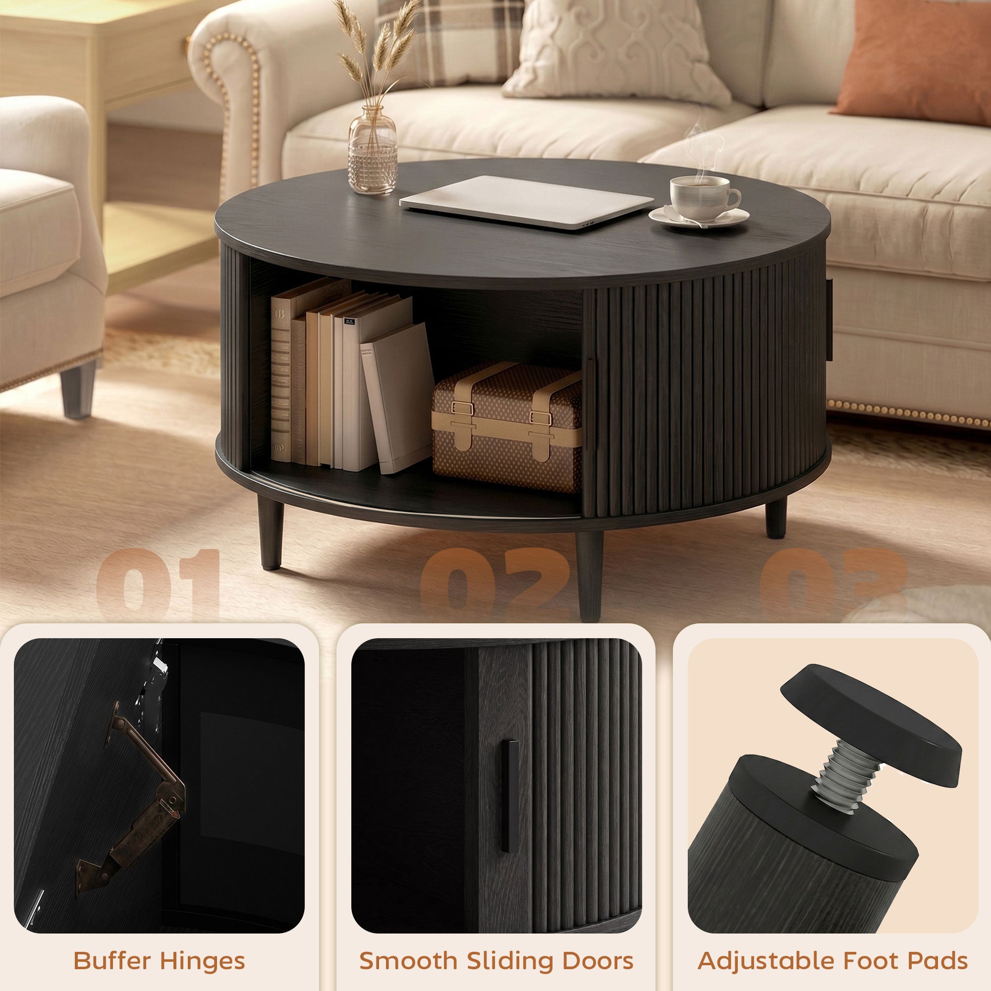 Coffee Table with Lift Top and Hidden Storage, Round Centre Table with Fluted Sliding Door, 80 cm, Black Wood Effect
