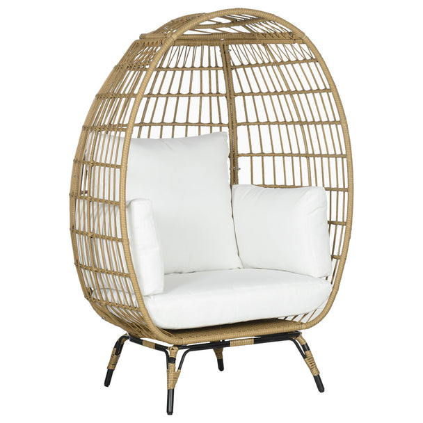 Khaki standing rattan egg chair with white seat, back cushions and side pillows