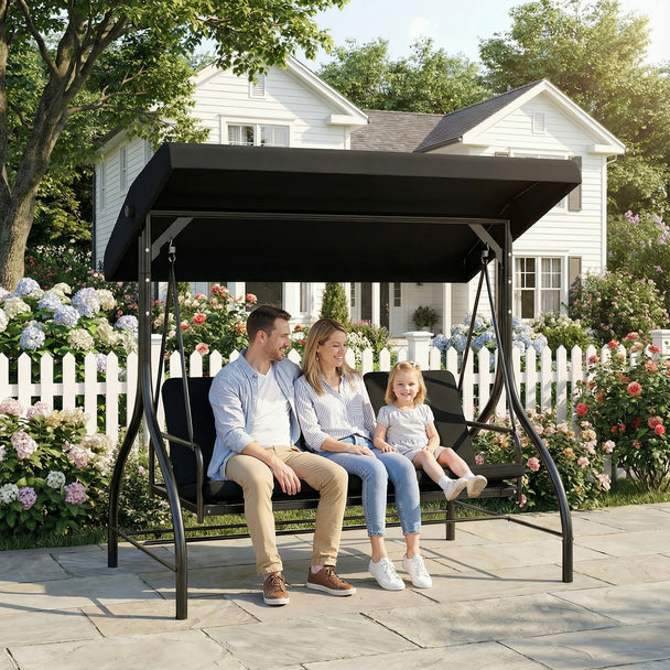 Outsunny 3 Seater Canopy Swing Chair, 2 in 1 Garden Swing Seat Bed, with Adjustable Canopy and Metal Frame, Black – view 2