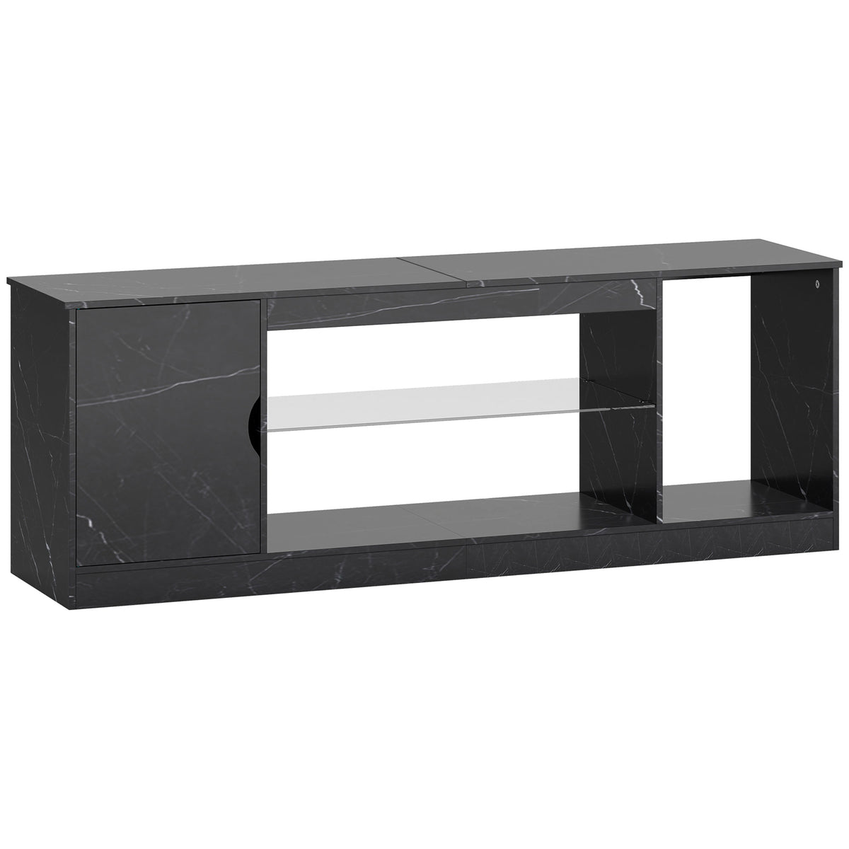 148 cm Marble-Effect TV Stand with Glass Shelf – Black
