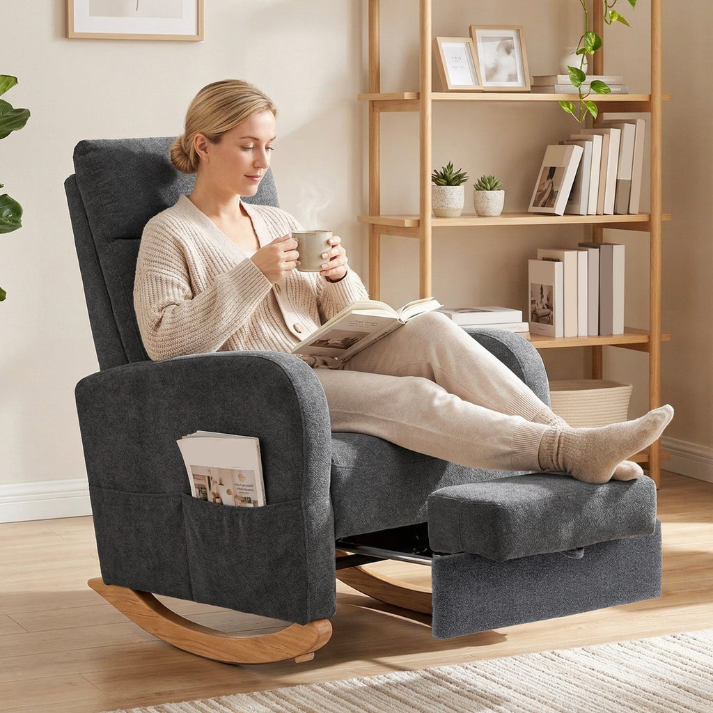 Upholstered Rocking Chair Retractable Footrest Rocker Chair High Back for Living Room Grey
