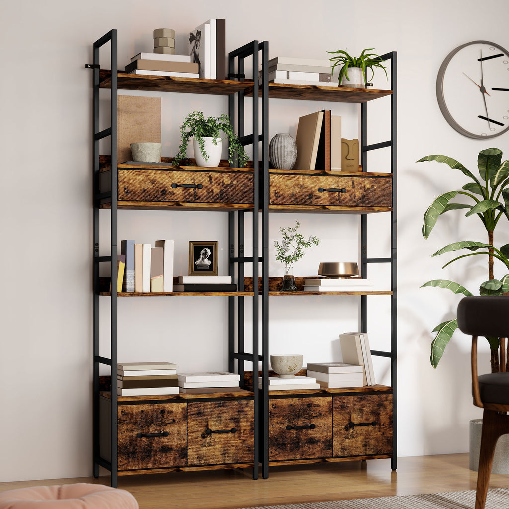 Industrial Style Bookcase, with 4 Shelves and 3 Fabric Drawers - Brown/Black