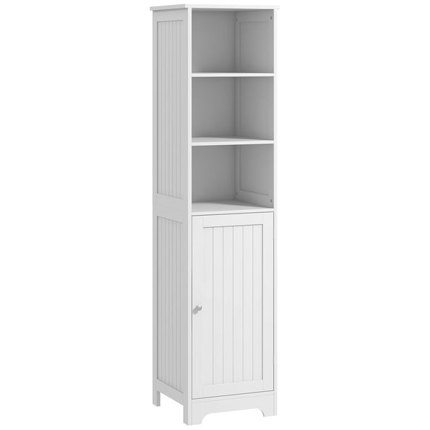 Tall slim white bathroom cabinet with three open shelves and a cupboard, 160 cm high