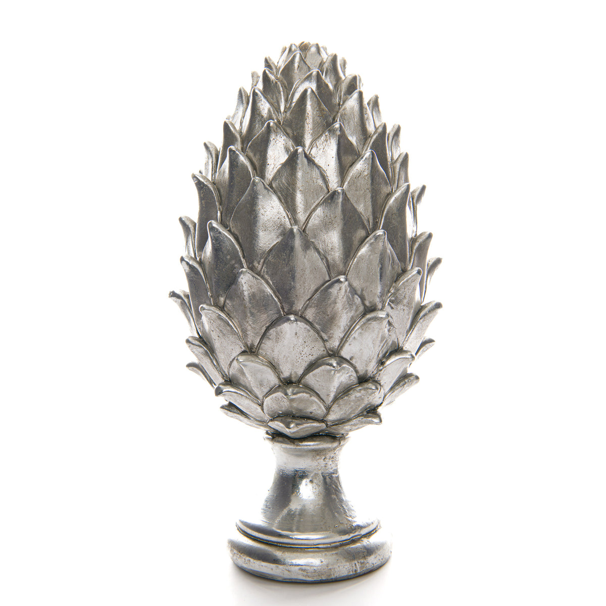 Tall antique silver ceramic pinecone finial on white