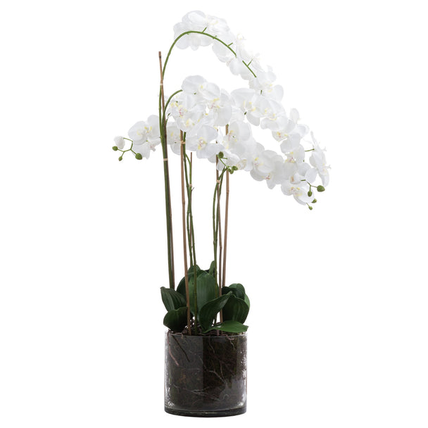 tall white artificial orchid in a clear glass pot