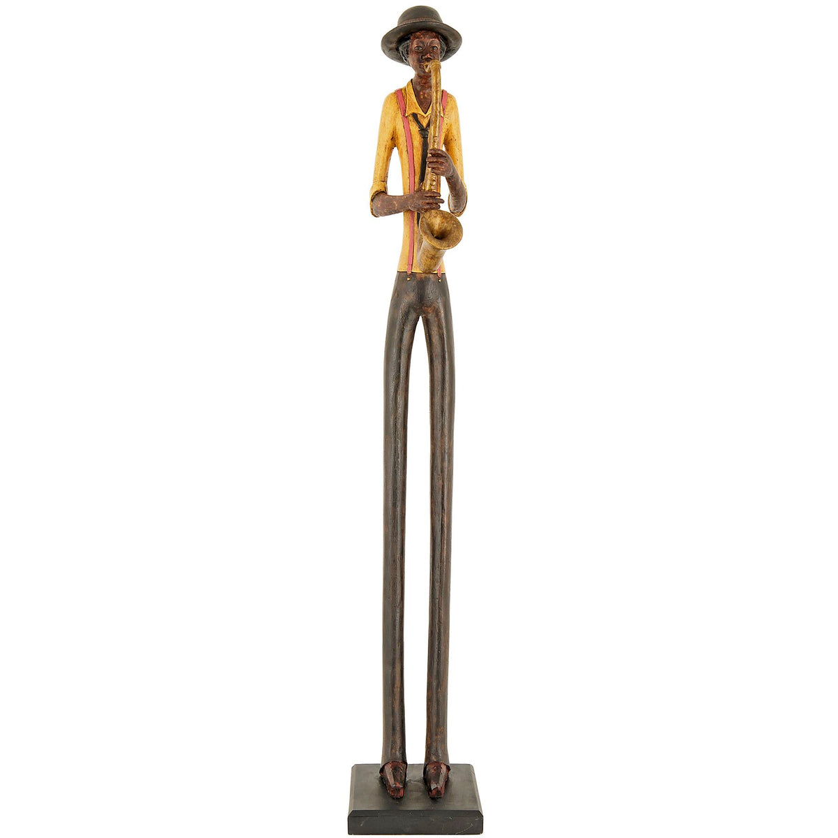 Tall standing jazz saxophonist figurine on a black base