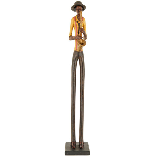 Tall standing jazz saxophonist figurine on a black base