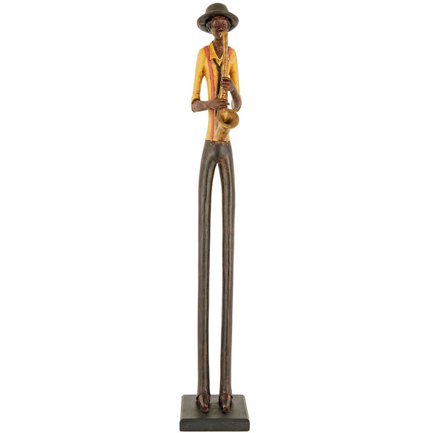 Tall standing jazz saxophonist figurine on a black base