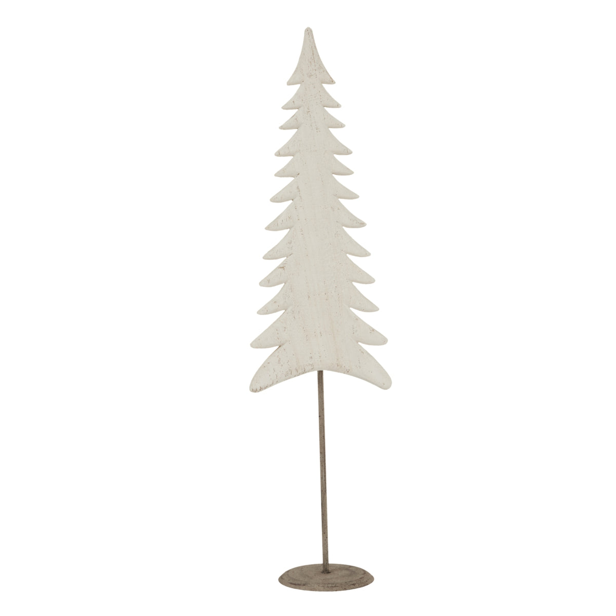 Tall whitewashed wooden fir tree on a metal stand on white
