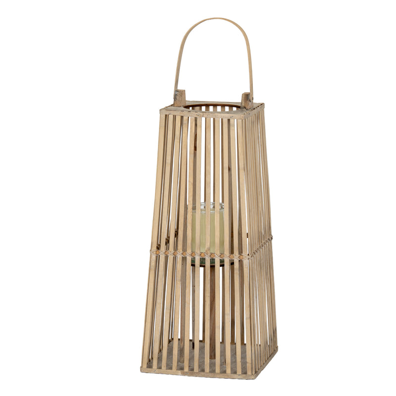 Tapered wicker lantern with a candle in its glass holder