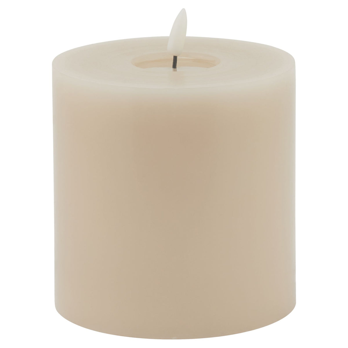 Taupe melt-effect LED wax pillar candle, front view